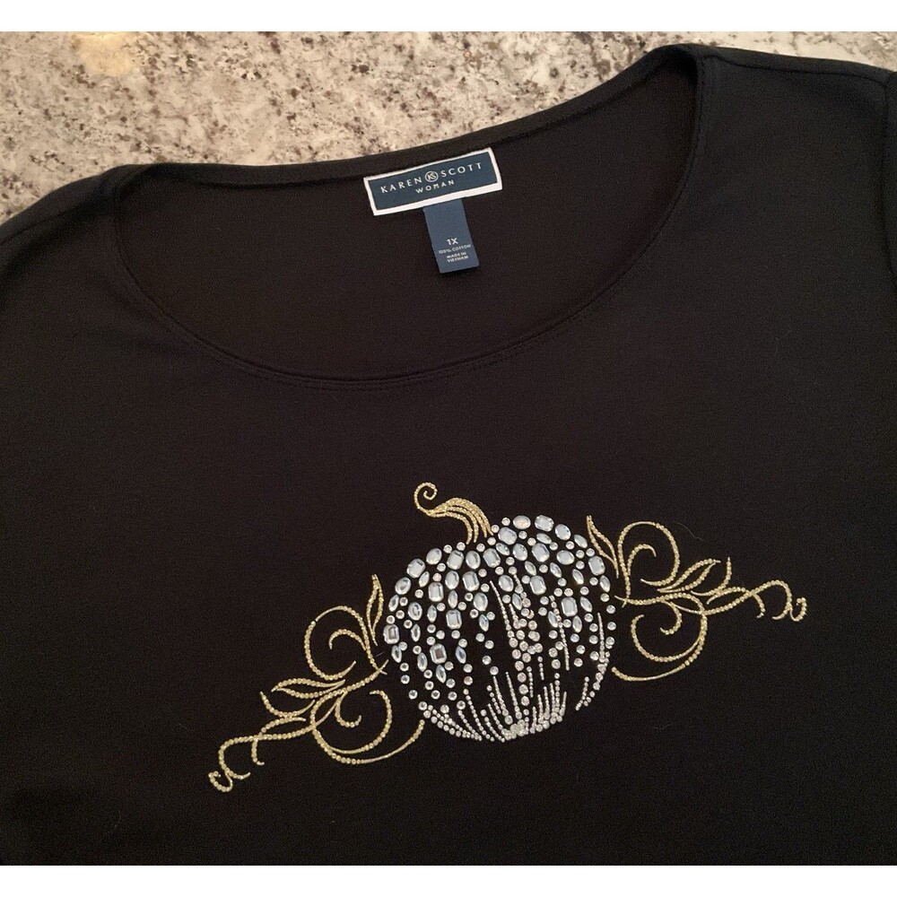 Karen Scott Shirt Womens Plus 1X Black Tunic Rhinestone Pumpkin Halloween Top